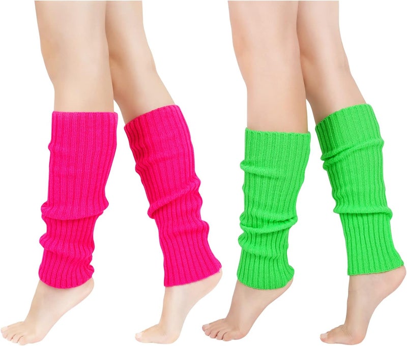 Junely 2 Pairs Leg Warmers for Women 80s Ribbed Knit Leg Warmer Pack for Ballet Dance Figure Skating Yoga Party Neon - Image 1